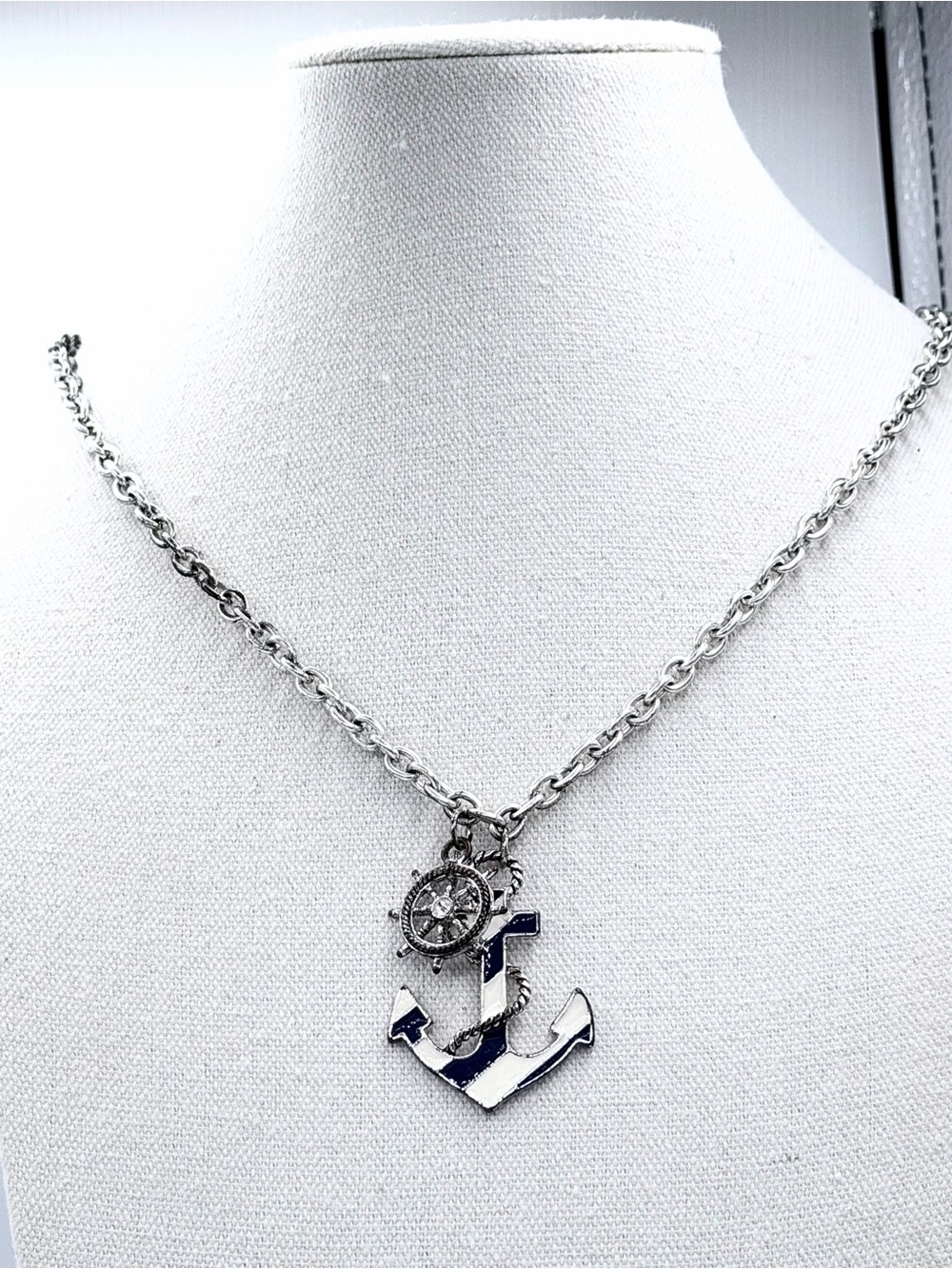 Navy Blue & White Anchor Ship Wheel Nautical Necklace Jewelry Vacay Beach Sea